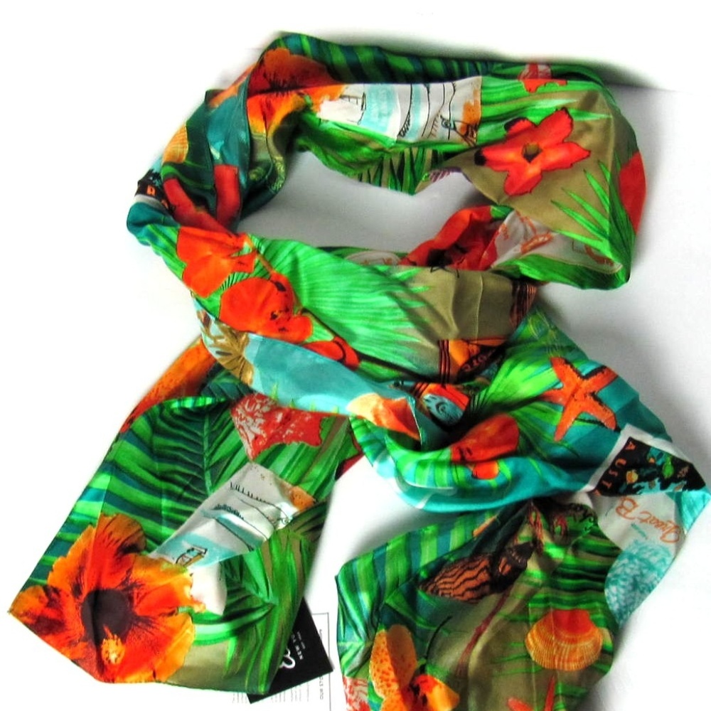 ECHO Green Floral Graphic Design 100% Silk Scarf